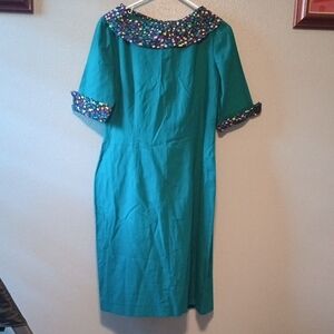 Blue Sequin Embellished Sheath Dress with Peter Pan Collar